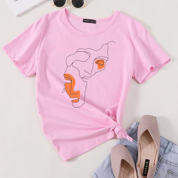 

Round Neck Figure Graphic Tee, Baby pink