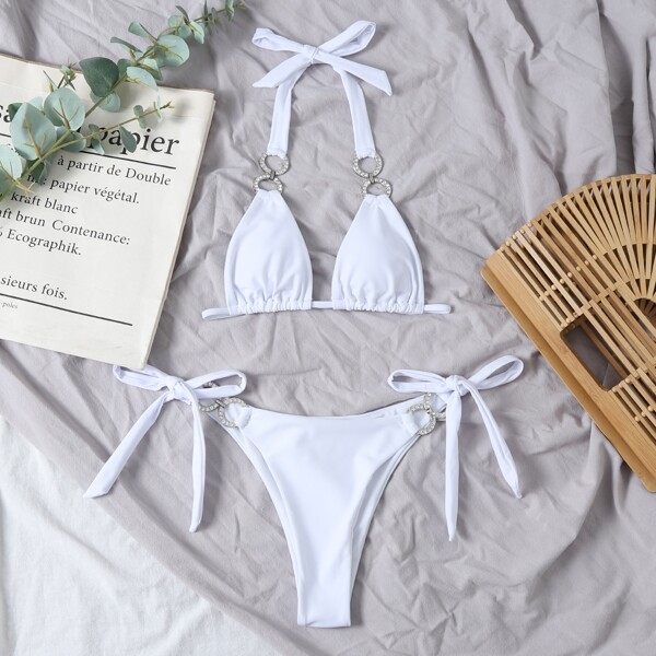 

Ring Linked Halter Bikini Swimsuit, White