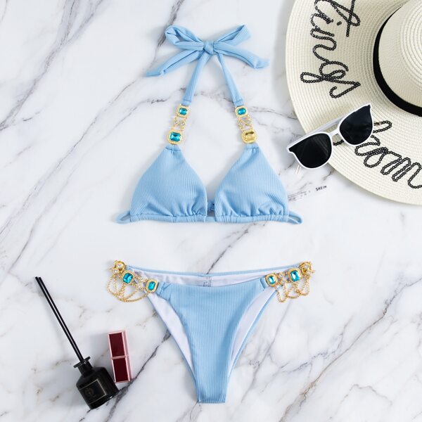 

Rib Gemstone Decor Halter Bikini Swimsuit, Baby blue