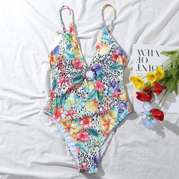 

Floral & Tropical Ring Linked One Piece Swimsuit, Multicolor