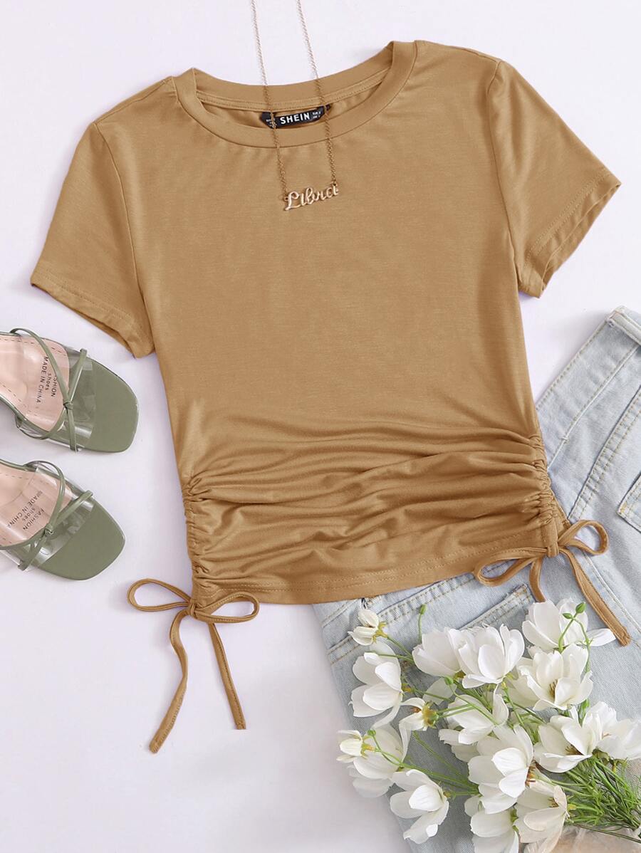 SHEIN EZwear Drawstring Side Solid Tee - Camel - View 1
