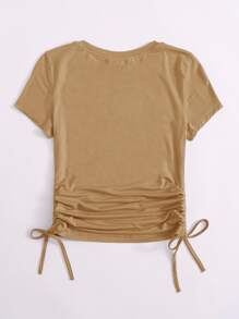 SHEIN EZwear Drawstring Side Solid Tee - Camel - View 2