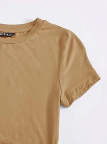 SHEIN EZwear Drawstring Side Solid Tee - Camel - View 3
