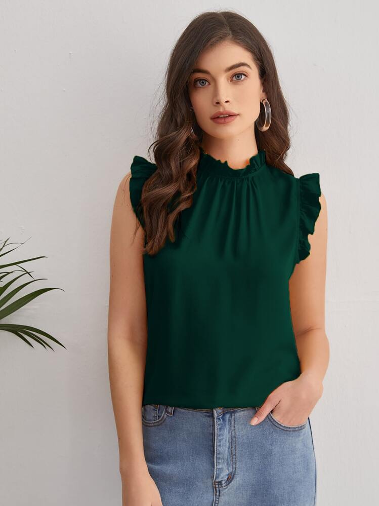 SHEIN Clasi Mock-neck Frill Trim Sleeveless Top - Dark Green - View 1