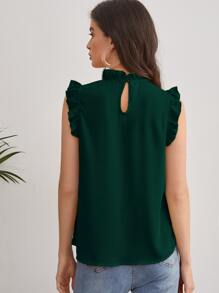 SHEIN Clasi Mock-neck Frill Trim Sleeveless Top - Dark Green - View 2