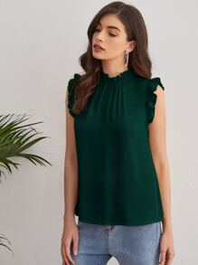 SHEIN Clasi Mock-neck Frill Trim Sleeveless Top - Dark Green - View 3