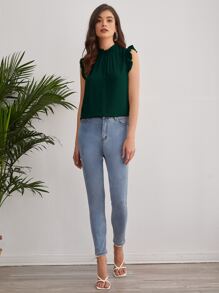 SHEIN Clasi Mock-neck Frill Trim Sleeveless Top - Dark Green - View 4
