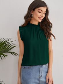 SHEIN Clasi Mock-neck Frill Trim Sleeveless Top - Dark Green - View 5