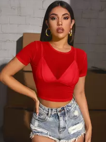 SHEIN BAE Mesh Crop Top Without Bra - Red - View 1