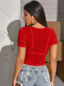 SHEIN BAE Mesh Crop Top Without Bra - Red - View 2