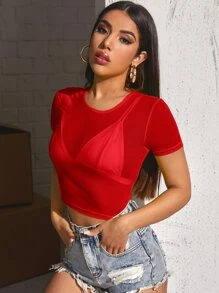 SHEIN BAE Mesh Crop Top Without Bra - Red - View 3