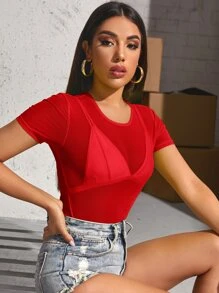 SHEIN BAE Mesh Crop Top Without Bra - Red - View 4