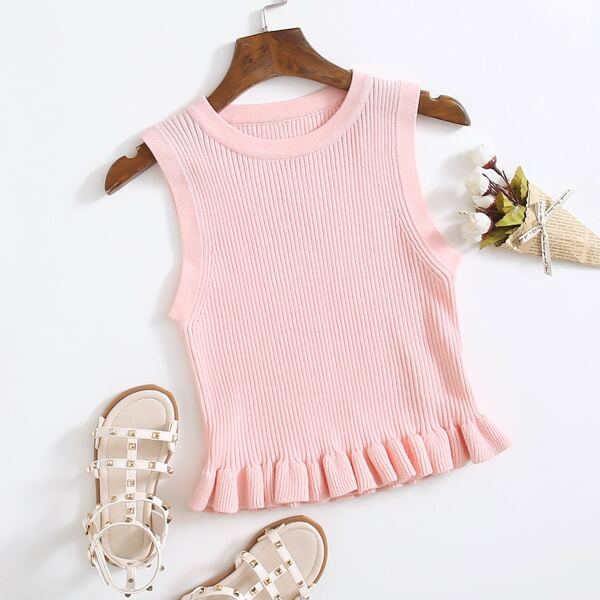 

Girls Ruffle Hem Solid Sweater Vest, Baby pink