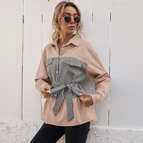 

Drop Shoulder Belted Gingham Blouse, Multicolor