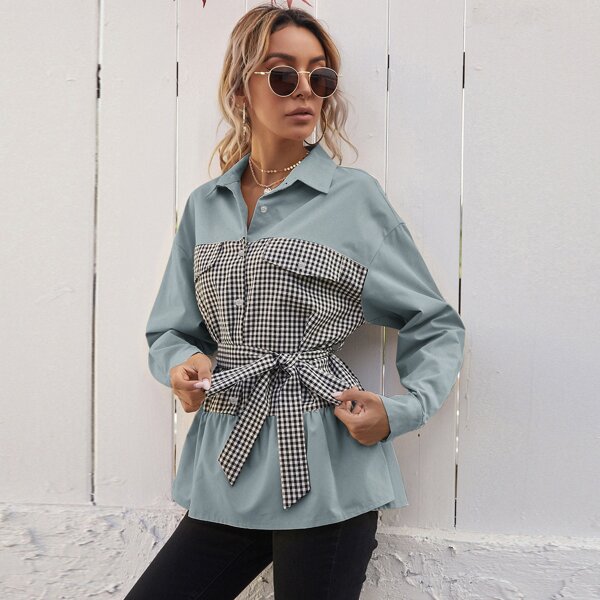 

Drop Shoulder Belted Gingham Blouse, Multicolor