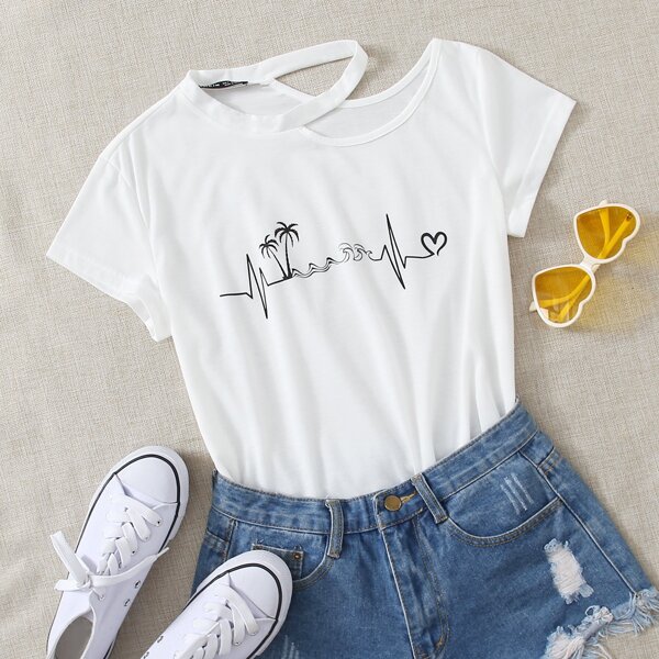 

Graphic Print Asymmetrical Neck Tee, White