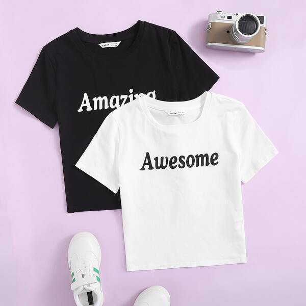

Girls 2pack Letter Graphic Tee, Black and white