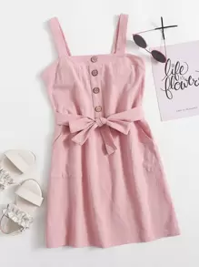 SHEIN Girls Button Front Self Belted Cami Dress - Dusty Pink - View 1