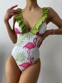 Bañador una pieza ribete fruncido con estampado de flamenco - Multicolor - Ver 1