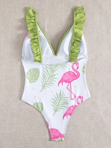 Bañador una pieza ribete fruncido con estampado de flamenco - Multicolor - Ver 2