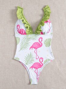 Bañador una pieza ribete fruncido con estampado de flamenco - Multicolor - Ver 6