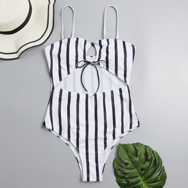 

Striped Cut Out One Piece Swimsuit, Black and white