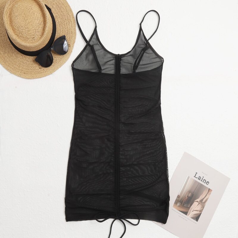 

Mesh Drawstring Ruched Cover Up, Black