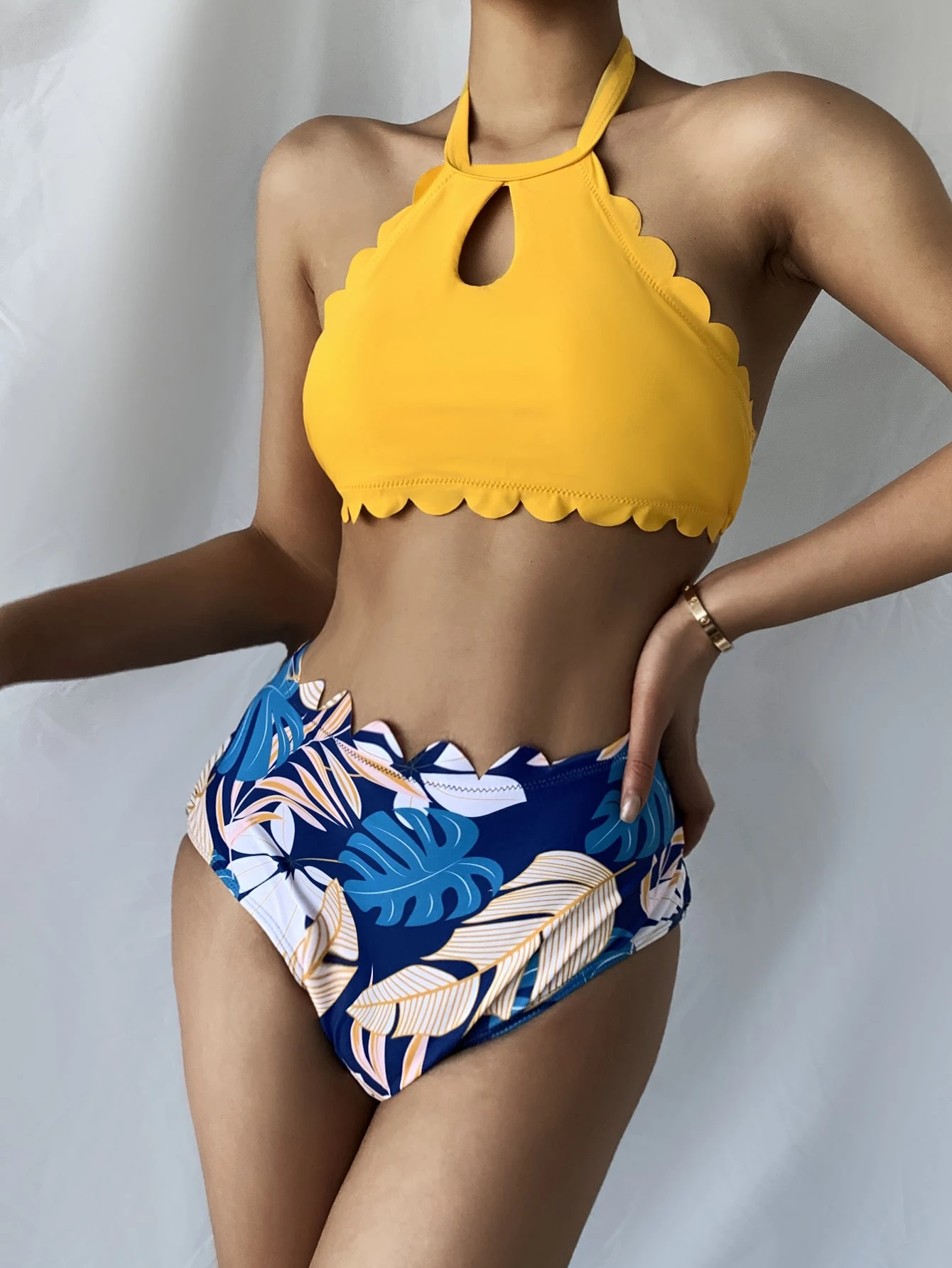 Scallop trim halter bikini swimsuit Clearance