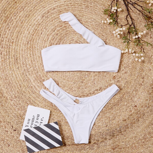 

Solid Rib Ruffle Trim Bikini Swimsuit, White