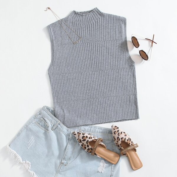 

Plus Solid Stand Collar Rib-Knit Tank Top, Grey