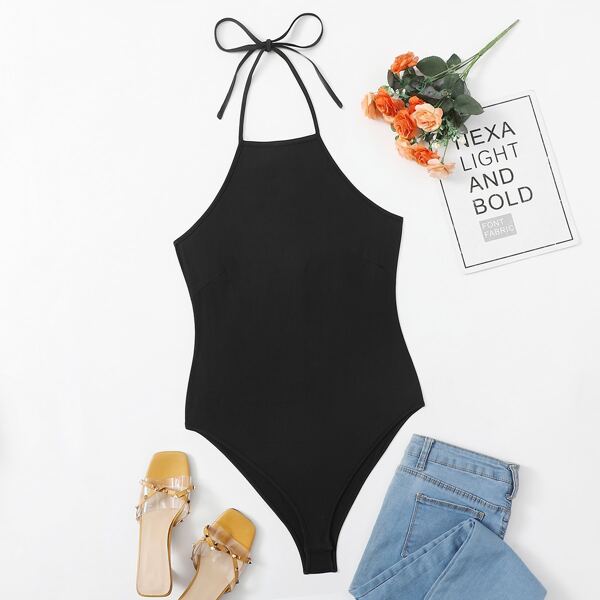

Plus Solid Tie Back Halter Bodysuit, Black