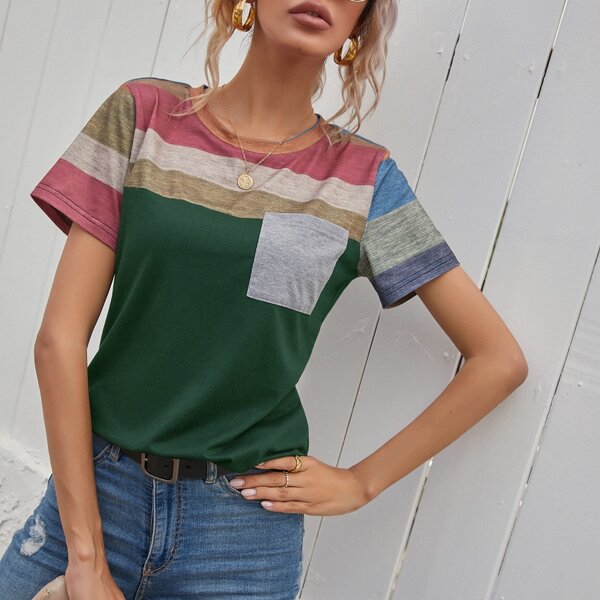 

Striped Panel Pocket Patched Tee, Dark green