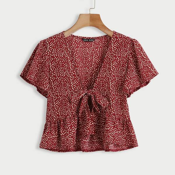 

Dalmatian Print Tie Front Ruffle Hem Top, Burgundy
