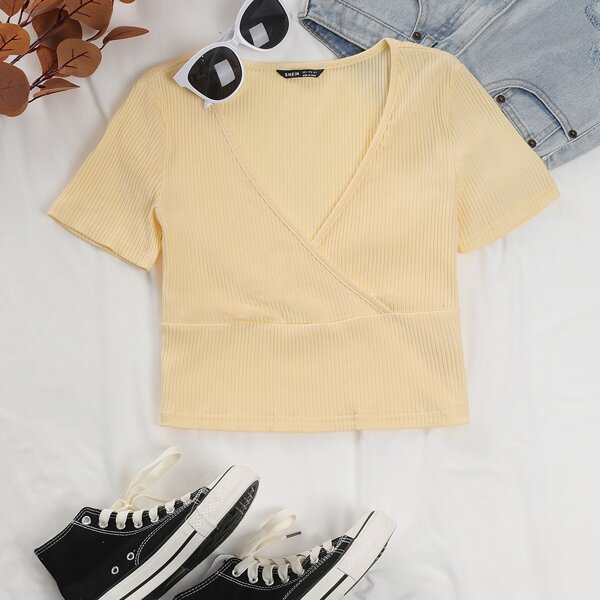 

Solid Surplice Front Crop Tee, Yellow pastel