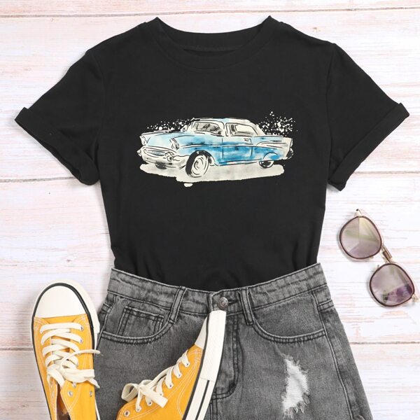 

Car Print Short Sleeve Tee, Black