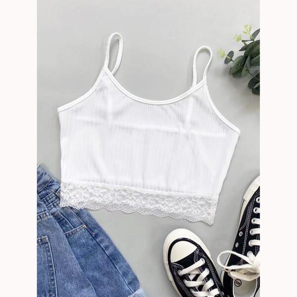 

Solid Contrast Lace Crop Cami Top, White