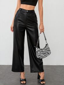 SHEIN 寬腿PU皮革褲子 - 黑色 - 查看 5