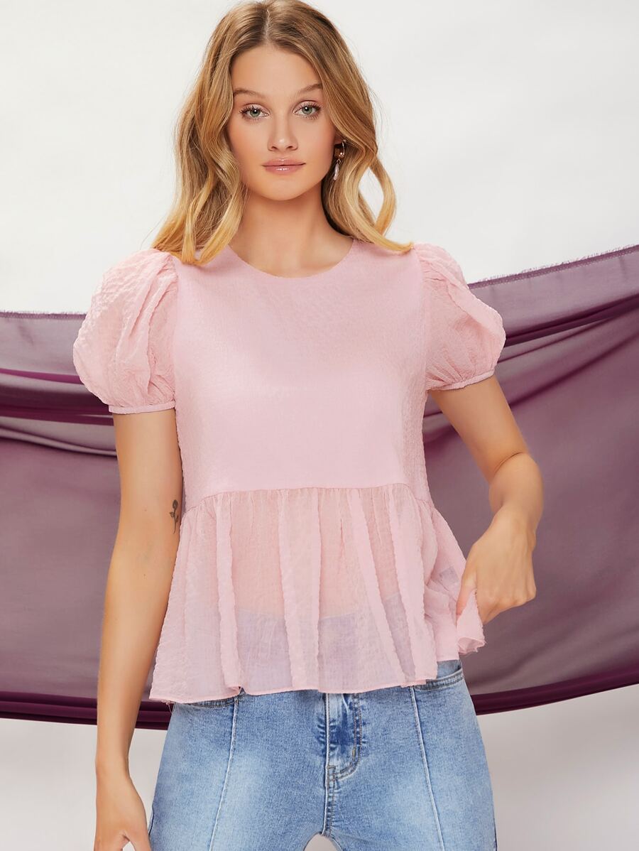 SHEIN Unity Puff Sleeve Solid Peplum Top - Baby Pink - View 1
