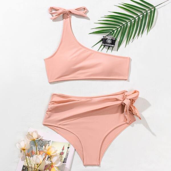 

One Shoulder High Waisted Bikini Swimsuit, Dusty pink