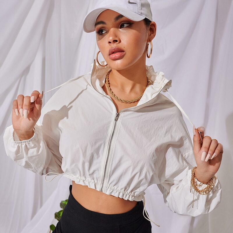 

Zipper Front Drawstring Waist Crop Jacket, White