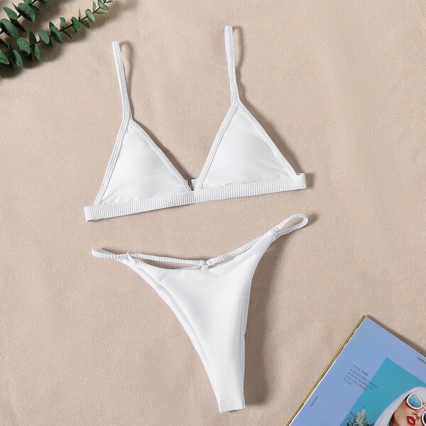 

Rib Triangle Thong Bikini Swimsuit, White