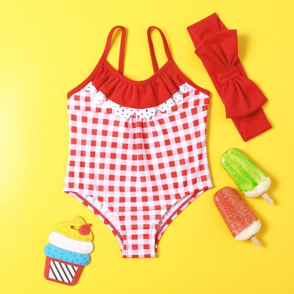 

Baby Girl Gingham One Piece Swimsuit & Headband, Red and white