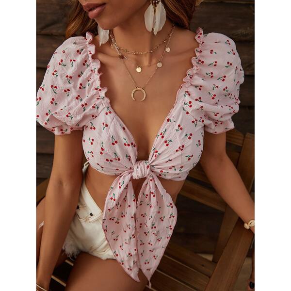 

Cherry Print Knot Front Crop Top, Pink