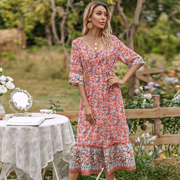 

Floral Knot Plunging Neck Dress, Multicolor