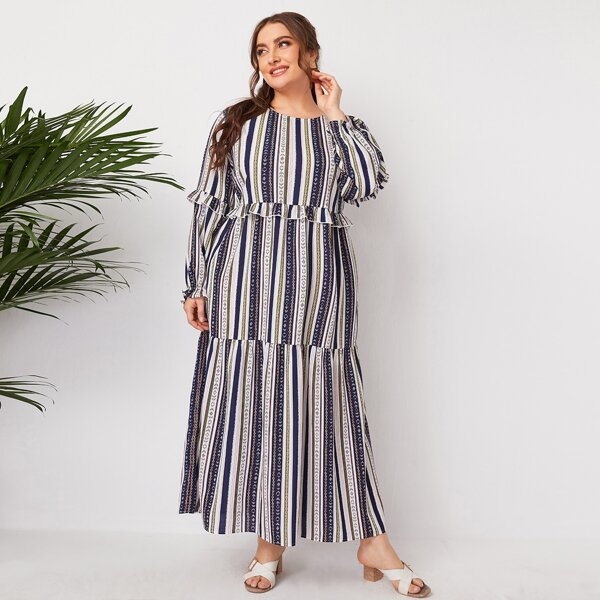 

Plus Ruffle Trim Striped Dress, Multicolor