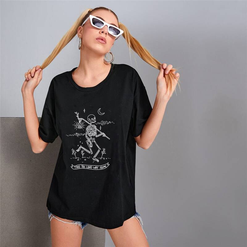 

Skull Print Oversized Tee, Black
