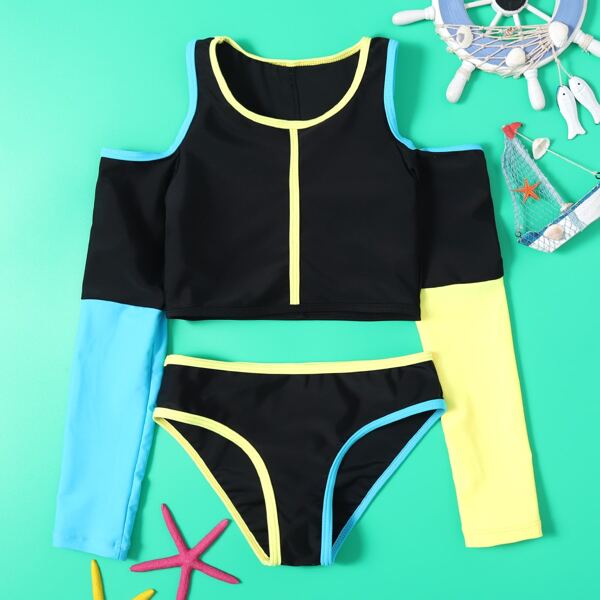 

Girls Color Block Bikini Swimsuit, Multicolor