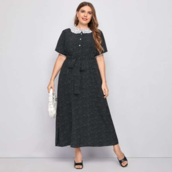 

Plus Lace Collar Button Front Polka Dot Belted Dress, Black