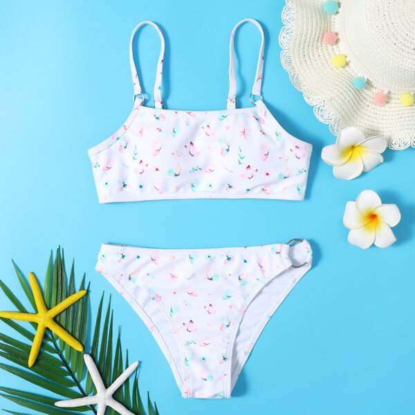 

Girls Floral & Butterfly Print Bikini Swimsuit, White