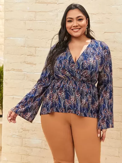 SHEIN LUNE Camisa peplum cruzada delantera con estampado floral